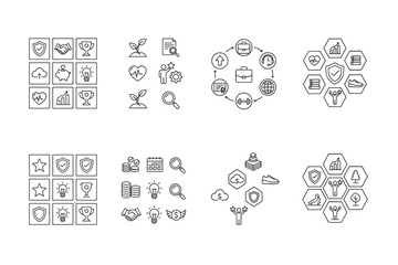 Set of 36 Benefit Line Icons including Achievement, Growth, Security, Finance, Health, Collaboration, and Success Symbols for Business and Lifestyle Concepts