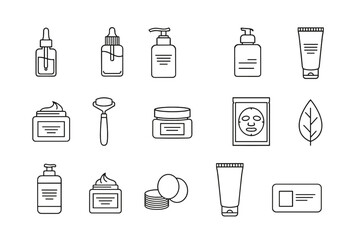 Skincare product line vector set with serum bottles, cream jars, lotion pumps, facial mask, cotton pads, jade roller and leaf icon in editable stroke outline style