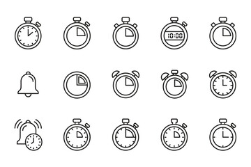 Stopwatch and Timer Icon Set with Alarm Symbols, Digital and Analog Clock Timer, Countdown and Alarm Bell, Linear Outline Style for Time Management and Sports Timing