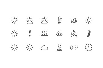 Weather icons set with sunny, sunlight, solar heat, thermometer, fire, water drop, cloud, humidity, and time symbols for meteorology and climate vector design