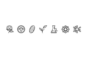 Set of synthetic and natural fibers icons including cotton, wool, yarn, plant fiber, chemical flask, molecular structure, and polymer chain vector illustration