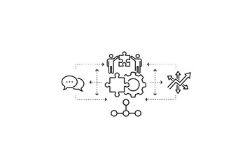 Teamwork concept icon with people holding puzzle pieces, collaboration and communication line art, integration, partnership, problem solving, business strategy vector illustration