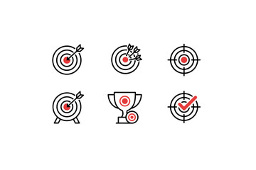 Target and Goal Icons Set, Bullseye Arrows, Winning Trophy, Check Mark on Focused Target, Success and Achievement Symbols, Precision and Accuracy Vector Collection for Business and Strategy