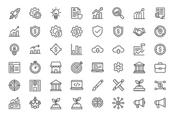 Startup and business development vector icon set with growth, innovation, finance, technology, marketing, strategy, and productivity line icons for project management and corporate success