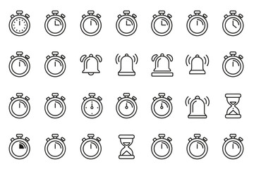Stopwatch and timer icons set, outline style digital timing symbols, alarm bell, hourglass, countdown and stopwatch vector collection for time management, deadline concepts
