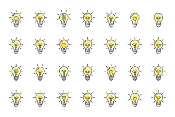 Yellow glowing light bulb vector icon set with glowing filament, vintage and modern electric light designs, illuminated bulb collection, energy and innovation symbols
