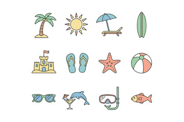 Summer Beach Stickers Tropical Vacation Icons Set with Palm Tree, Sun, Surfboard, Sandcastle, Flip Flops, Starfish, Beach Ball, Sunglasses, Cocktail, Dolphin, Snorkel Mask, and Fish