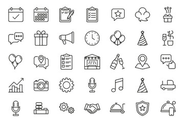 Set of 40 outline event icons including calendar, checklist, chat, gift, party, balloons, clock, stage, champagne, location, camera, music, microphone, graph, handshake, and service bell vector