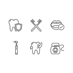 Dental care and stomatology pixel perfect linear icons set. Oral hygiene concepts. Tooth protection, toothbrush, healthy smile, dentist drill, natural care, dental floss symbols.