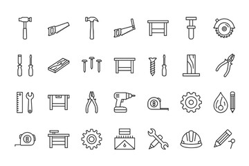 Set of detailed outline carpenter tools icons including hammer saw screwdriver pliers drill tape measure wrench gear pencil and workbench symbols for construction and woodworking