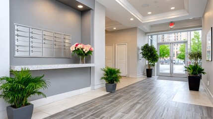 Modern apartment building lobby area with mailboxes