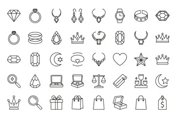 Jewelry line icon set. Vector symbols of diamond, ring, necklace, luxury gift. Outline pictogram collection for wedding, engagement, shopping, fashion, web and mobile design.