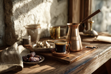 Rustic home kitchen Lebanese coffee - traditional preparation in family setting with authentic Middle Eastern hospitality