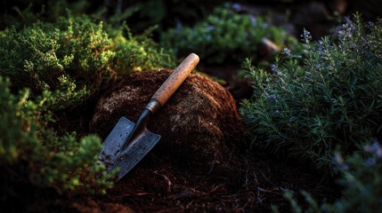 Fototapeta premium Gardening tools in garden soil