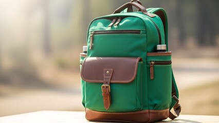 Green Backpack with Brown Leather Details in Natural Outdoor Setting