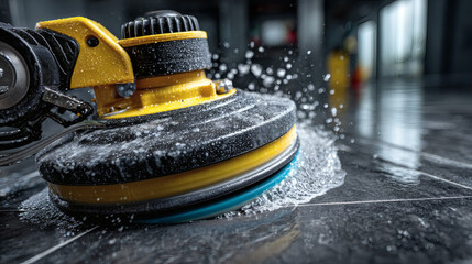 Cleaning the floor with a mop and detergent on the parquet floor at home, mop close-up, house cleaning and cleanliness concept