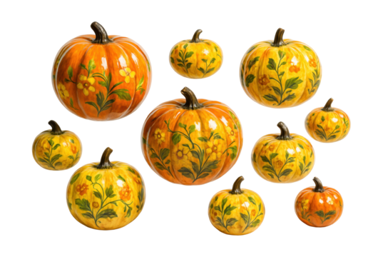 Hand-painted ceramic pumpkins in various sizes for charming countryside entryway decor.