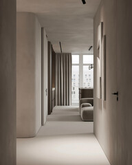 Long minimalist hallway in a modern apartment with soft natural lighting.