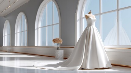 Elegant wedding dress boutique with arched windows bridal ceremony chic environment soft light tailored experience
