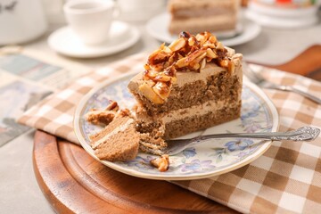 Coffee Genoise Cake in ceramic plate
