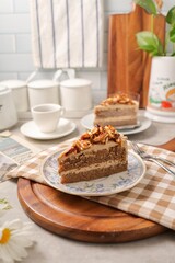 Coffee Genoise Cake in ceramic plate	