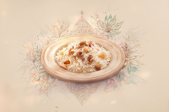 Gentle watercolor illustration of Mansaf - artistic Jordanian dish painting with soft colors and cultural details