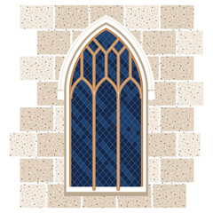 Gothic window against a stone wall, traditional for an old European castle, is made in a flat style and highlighted on a white background. detail of a feudal castle. stock vector illustration. EPS 10