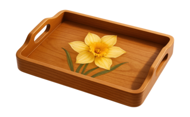 Handcrafted wooden tray featuring a painted daffodil, ideal for springtime breakfast in