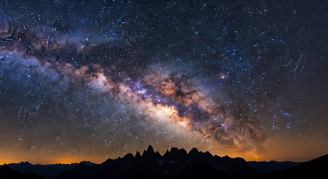 Spectacular Milky Way galaxy arching over silhouetted jagged mountain peaks at night, vibrant starry sky, dark landscape, cosmos beauty, deep space astronomy