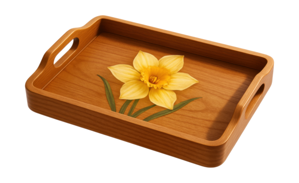 Handcrafted wooden tray featuring a painted daffodil, ideal for springtime breakfast in