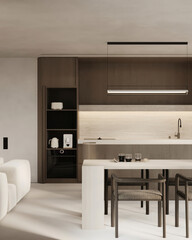 Open-plan kitchen and dining area with modern furniture and clean white surfaces.