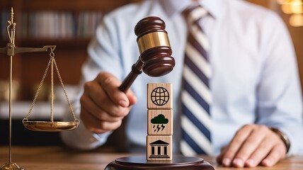 Judge making a ruling on international environmental policy and climate justice with a gavel