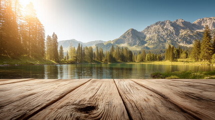 Wooden tabletop set against the backdrop of a lake	