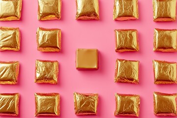 A pattern of gold foil-wrapped chocolate squares arranged in an aerial view on a pastel pink background