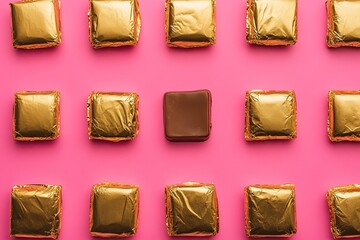 A pattern of gold foil-wrapped chocolate squares arranged in an aerial view on a pastel pink background