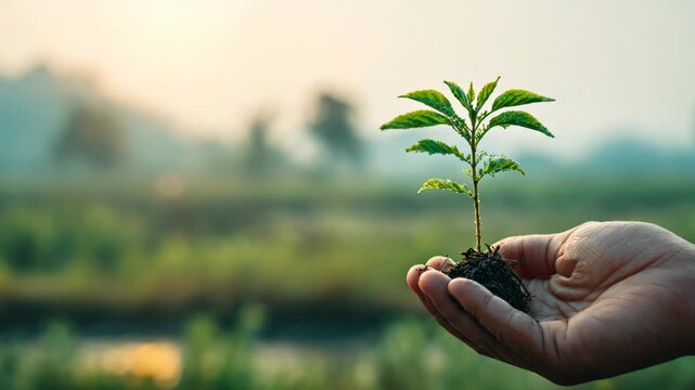 A close-up shot captures a human hand gently cradling a thriving young plant, complete with its root ball nestled in rich soil. The vibrant green leaves of the seedling stand out against a softly blur