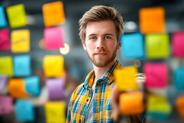 A young man with a beard focuses on sticky notes in a bright office setting