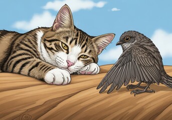 A curious tabby cat lies on a wooden surface, looking intently at a small bird with its wings spread, against a blue sky