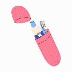 A toothbrush and toothpaste in a pink case. Travel toothbrush case. Toothbrush for oral hygiene. Oral care, water treatments. Flat vector illustration on a light background
