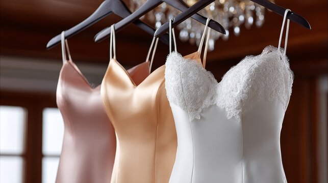 Bridal ceremony dress showcase wedding boutique elegant satin and lace collection cozy environment captivating viewpoint