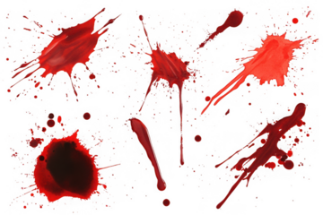 Collection of red blood splatters and drops on black background stain 1