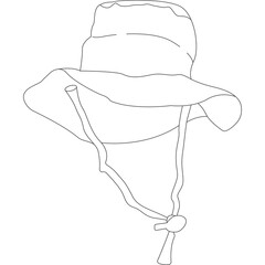Outline Drawing Of A Hiking Bucket Hat With Chin Strap And Adjustable Toggle Against A Transparent Background