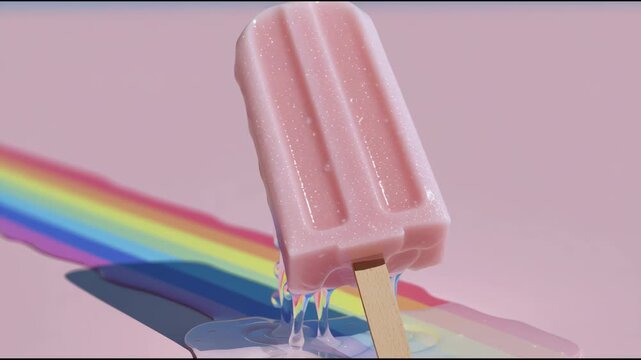 Melted popsicle creating rainbow trail pink background with glossy drip and wooden stick, pink melting popsicle casting colorful reflection pastel surface, pink melted popsicle leaving rainbow trail