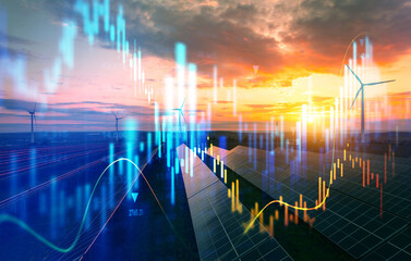 Solar panels and wind turbines blend with digital stock charts, symbolizing growth, investment, and the future of sustainable energy markets.Renewable energy meets finance innovation.