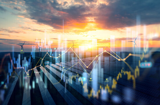 Solar panels and wind turbines blend with digital stock charts, symbolizing growth, investment, and the future of sustainable energy markets.Renewable energy meets finance innovation.