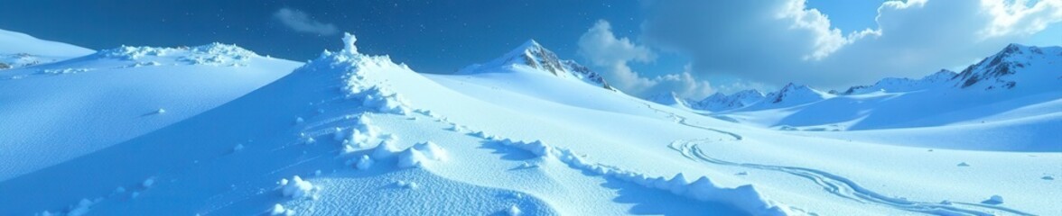 Vast blue snowscape, swirling blizzard effect, atmospheric phenomenon, mystical, dramatic