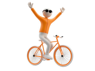 Fototapeta premium Man riding orange bicycle with arms raised isolated on a transparent background