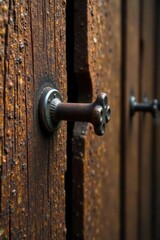 Obraz premium Weathered brown wood, rusty nail embedded deep , material, wood background