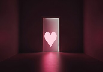 A glowing pink heart shape visible through an open door in a dark, moody room, representing opportunity and new beginnings