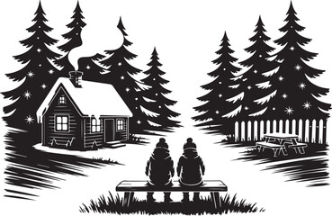 Fototapeta premium Wooden Log Cabin in Forest with Tall Pines and Mountain Landscape